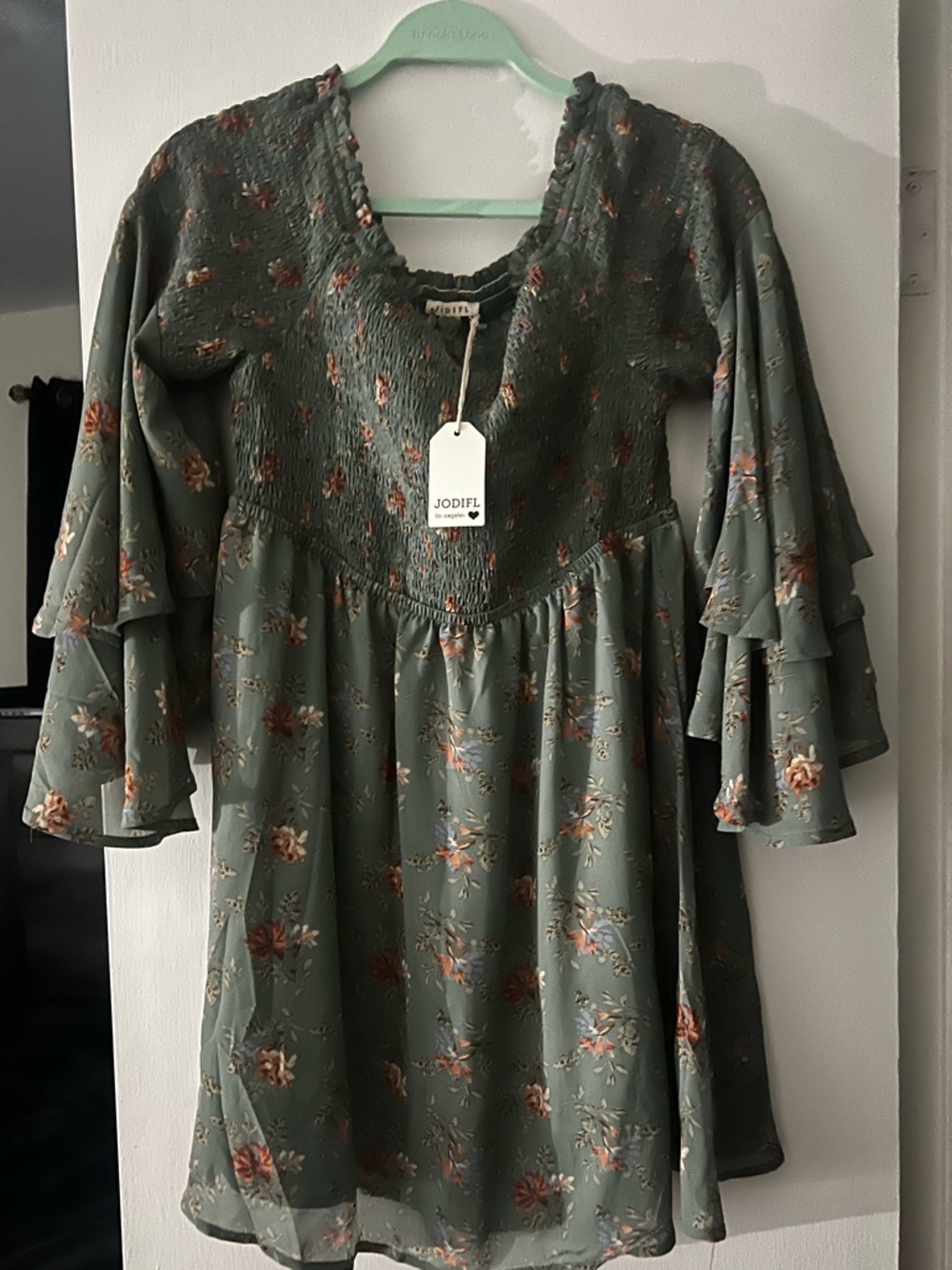 JODIFL Sage Green Floral Long Sleeve Ruffle Dress